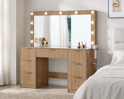 Amara Fluted Vanity Desk with LED Hollywood Mirror & Tempered Glass Storage Top