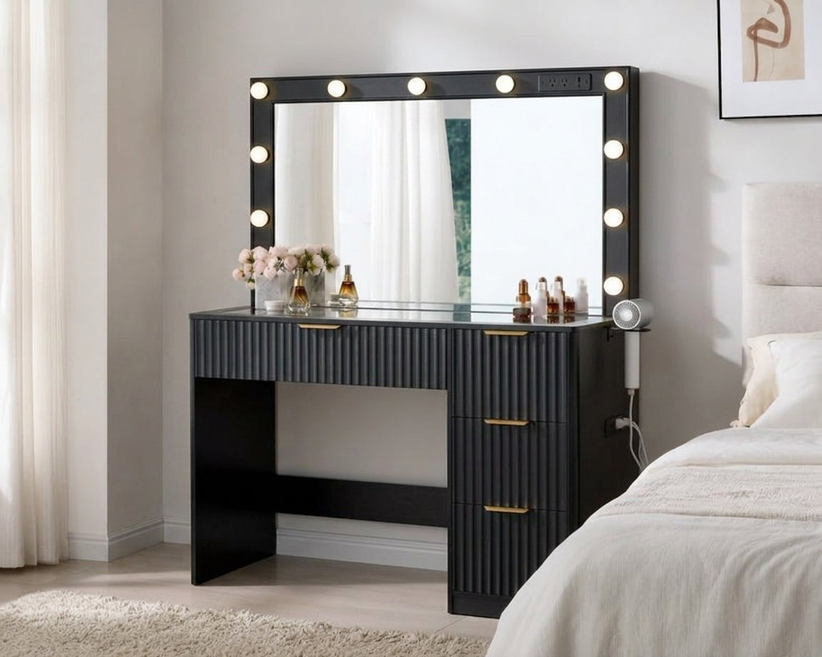 Amara Fluted Vanity Desk with LED Hollywood Mirror & Tempered Glass Storage Top