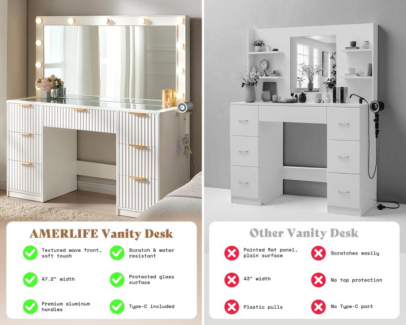 Amara Fluted Vanity Desk with LED Hollywood Mirror & Tempered Glass Storage Top