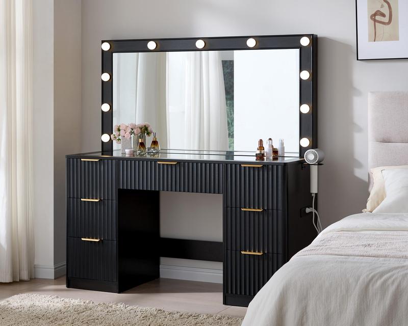 Amara Fluted Vanity Desk with LED Hollywood Mirror & Tempered Glass Storage Top