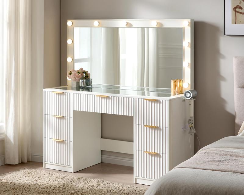Amara Fluted Vanity Desk with LED Hollywood Mirror & Tempered Glass Storage Top