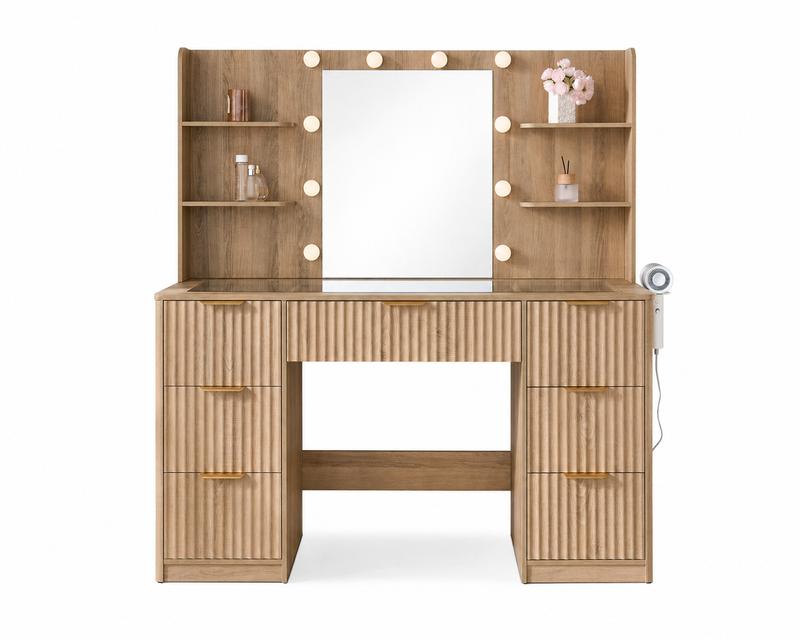 Amara Fluted Vanity Desk with LED Hollywood Mirror & Tempered Glass Storage Top