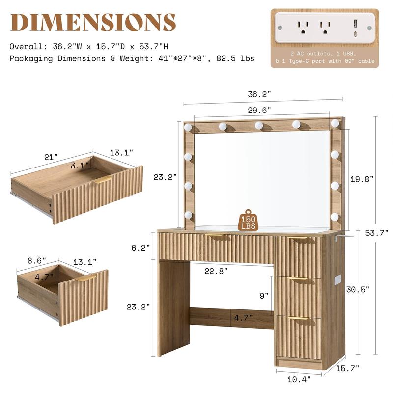 Amara Fluted Vanity Desk with LED Hollywood Mirror & Tempered Glass Storage Top